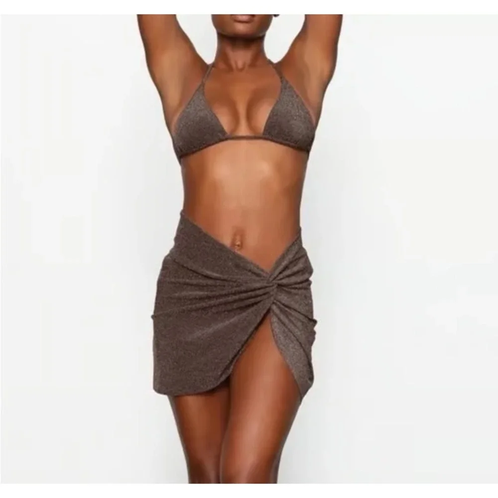 Skims Swim Sarong Mini‎ Skirt NWT Chocolate Brown Glitter Metallic Sz 2X Stretch